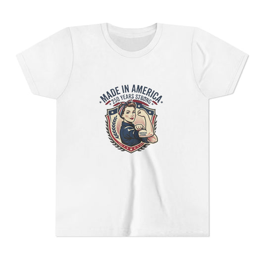 Made in America Youth Tee – "100 Years Strong" Patriotic Rosie Girl Shirt
