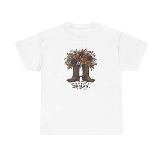 Blessed Cowboy Boots Floral Tee — Rustic Country Western Graphic T-Shirt