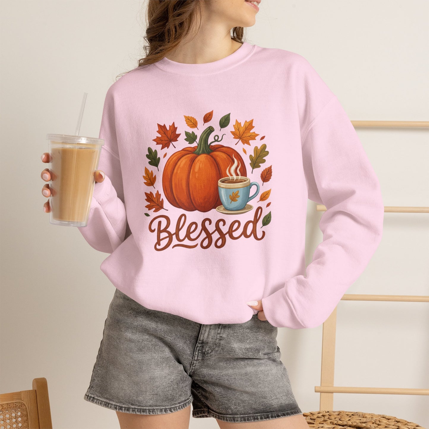 Blessed Pumpkin Fall Sweatshirt — Cozy Autumn Leaves & Coffee Crewneck