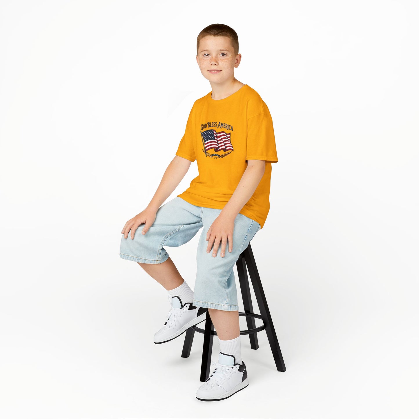 Kids T-Shirt — "God Bless America" American Flag Patriotic Tee for Kids