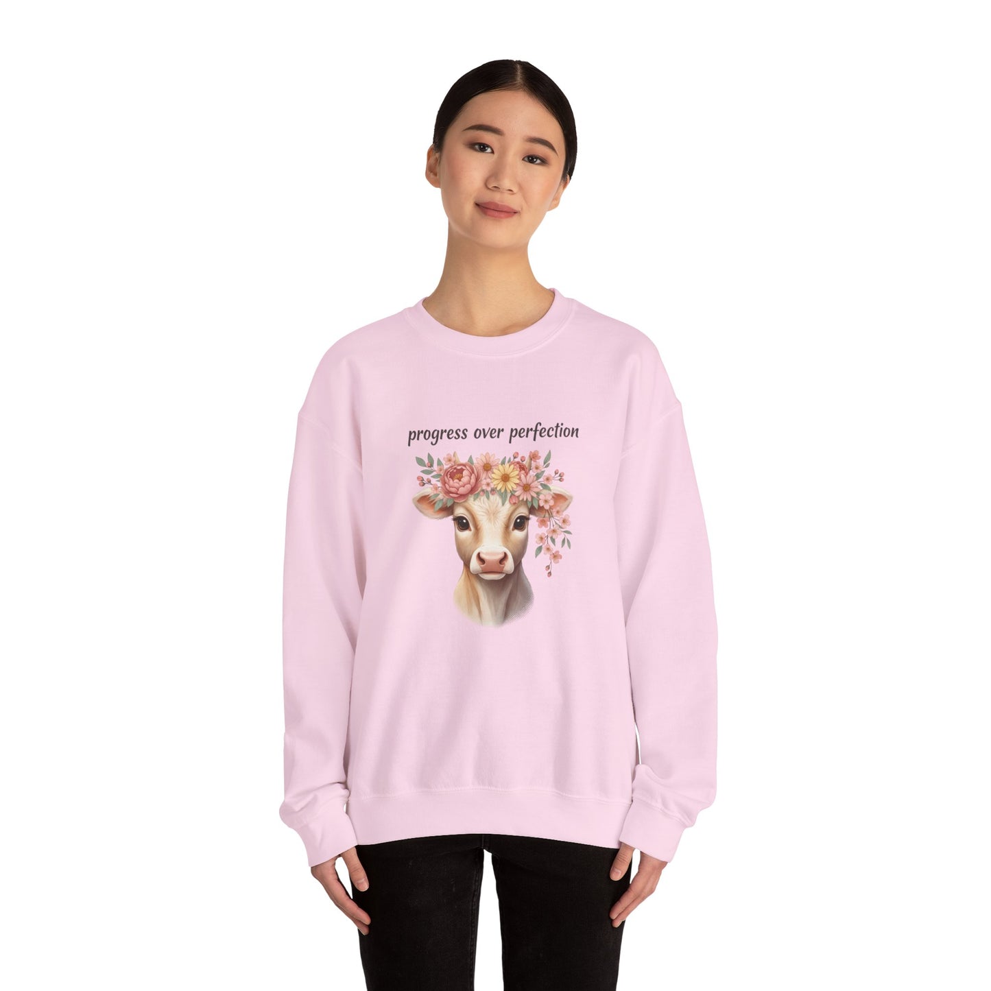 Cow Floral Crewneck Sweatshirt — "Progress Over Perfection" Inspirational Pullover