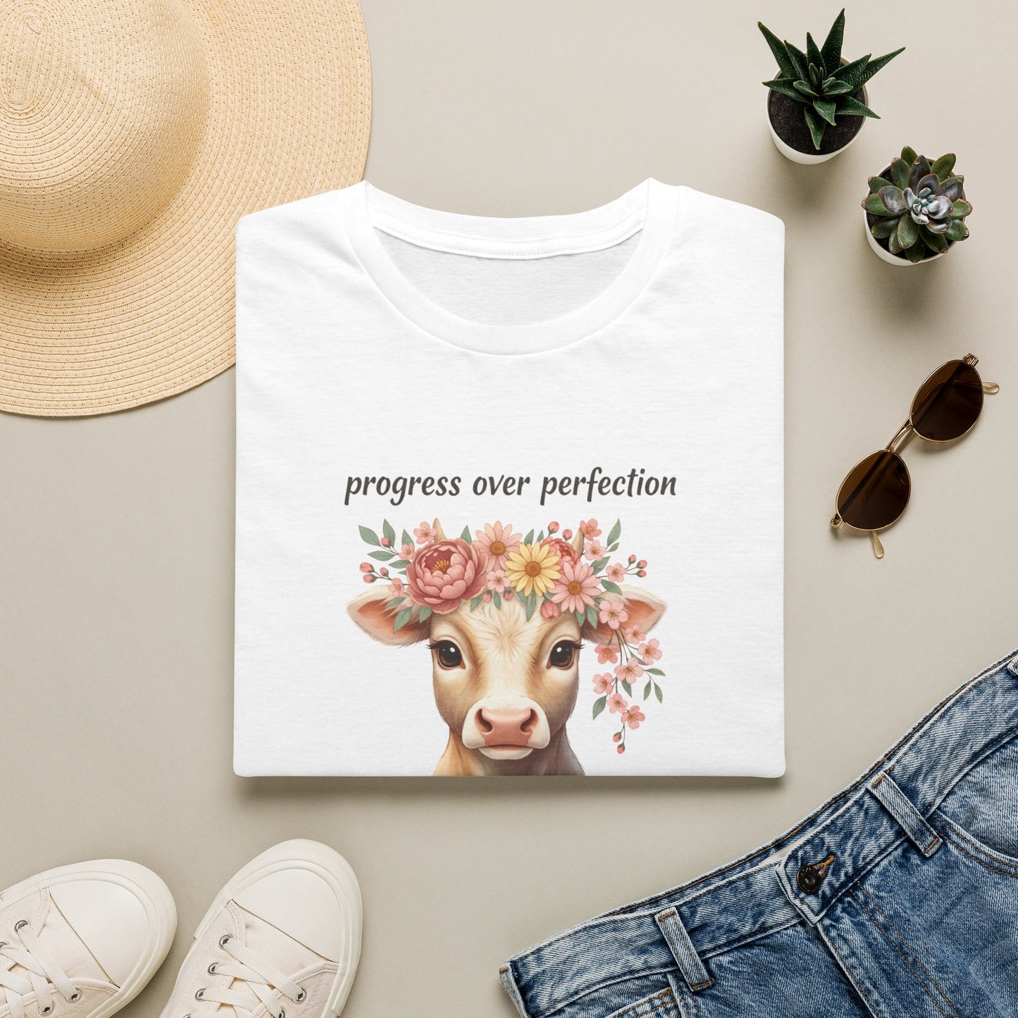 Progress Over Perfection Floral Cow Shirt