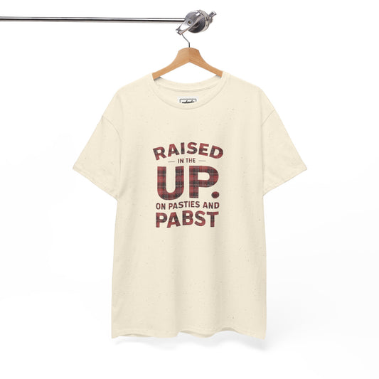 Raised in the UP T-Shirt — "Raised in the UP on Pasties and Pabst" Plaid Lettering Tee
