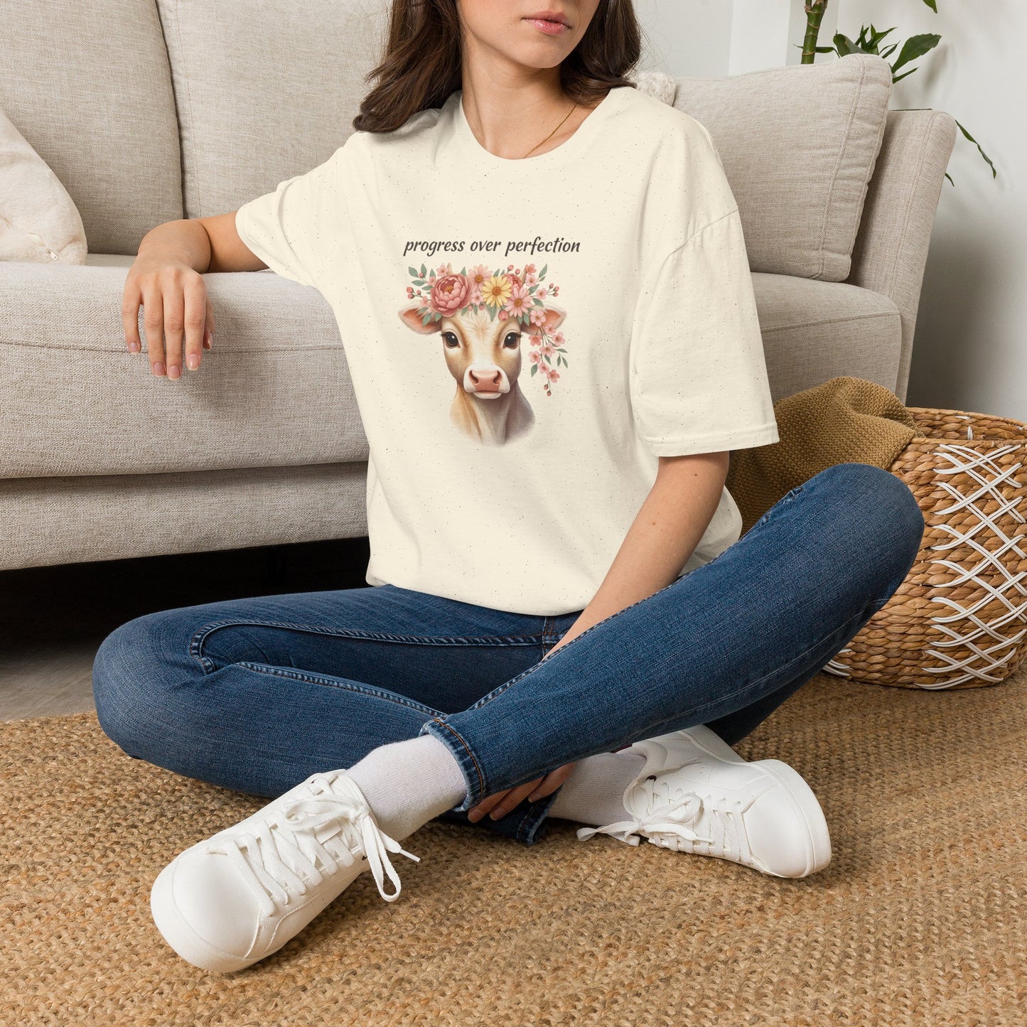 Progress Over Perfection Floral Cow Shirt