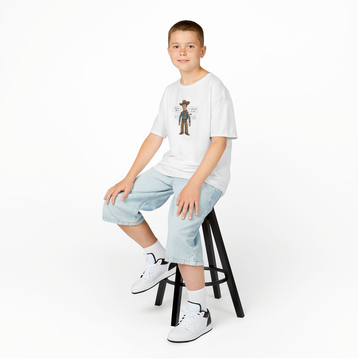 Kids Tee — Cute Cartoon Cowboy Diagram (“Hat”, “Boots”, “Gun”)