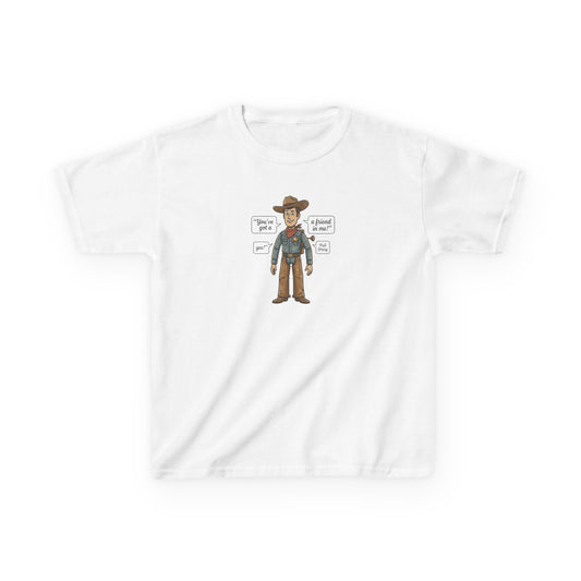 Kids Tee — Cute Cartoon Cowboy Diagram (“Hat”, “Boots”, “Gun”)
