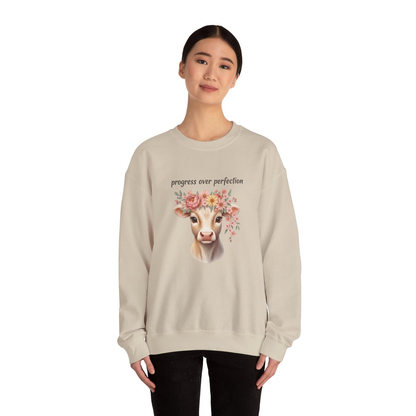 Cow Floral Crewneck Sweatshirt — "Progress Over Perfection" Inspirational Pullover