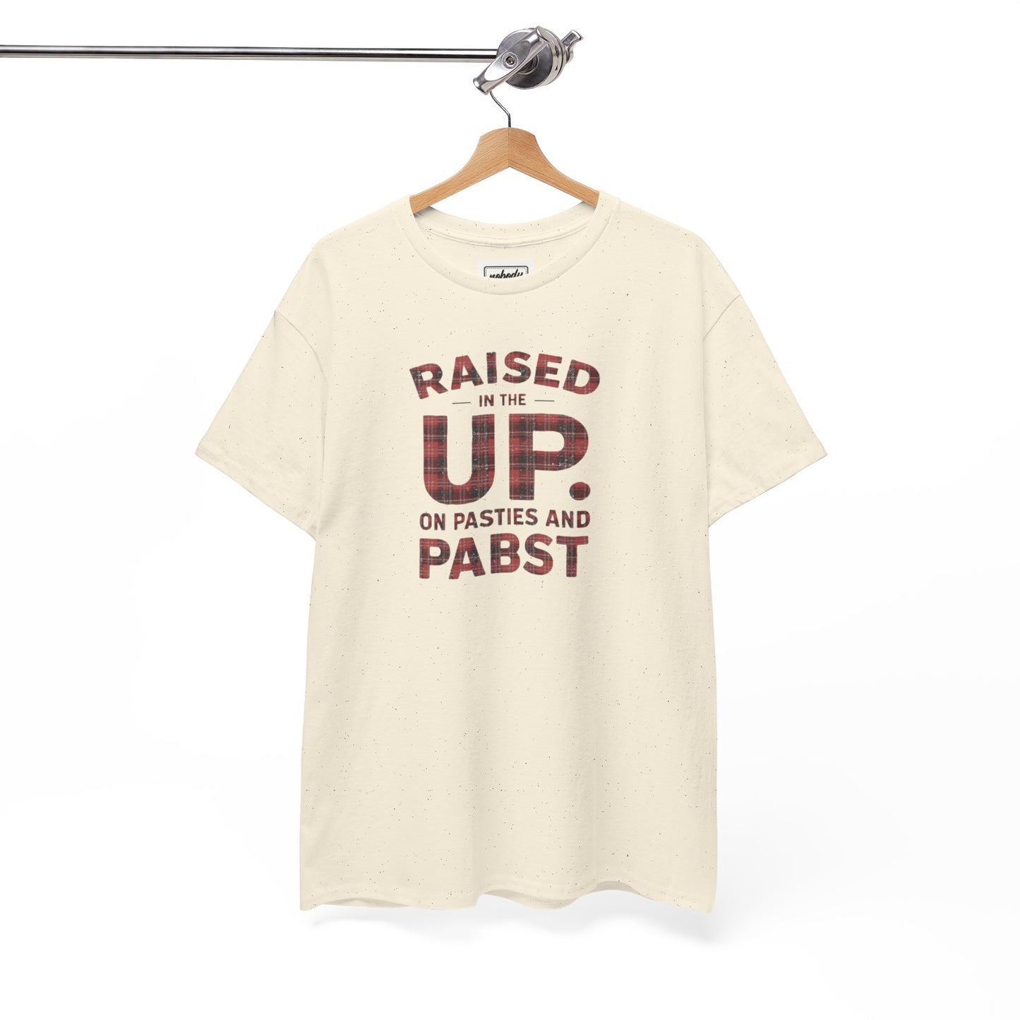 Raised in the UP T-Shirt — "Raised in the UP on Pasties and Pabst" Plaid Lettering Tee