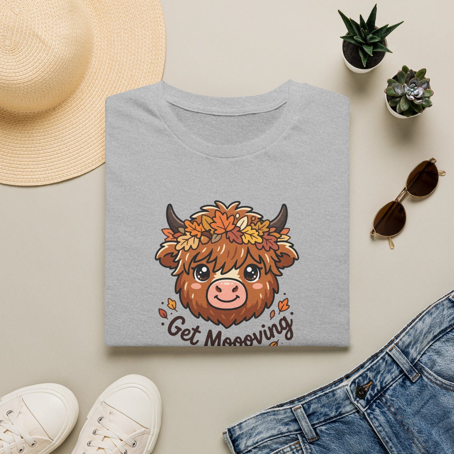 Get Moooving Highland Cow T-Shirt — Cute Autumn Floral Cow Graphic Tee