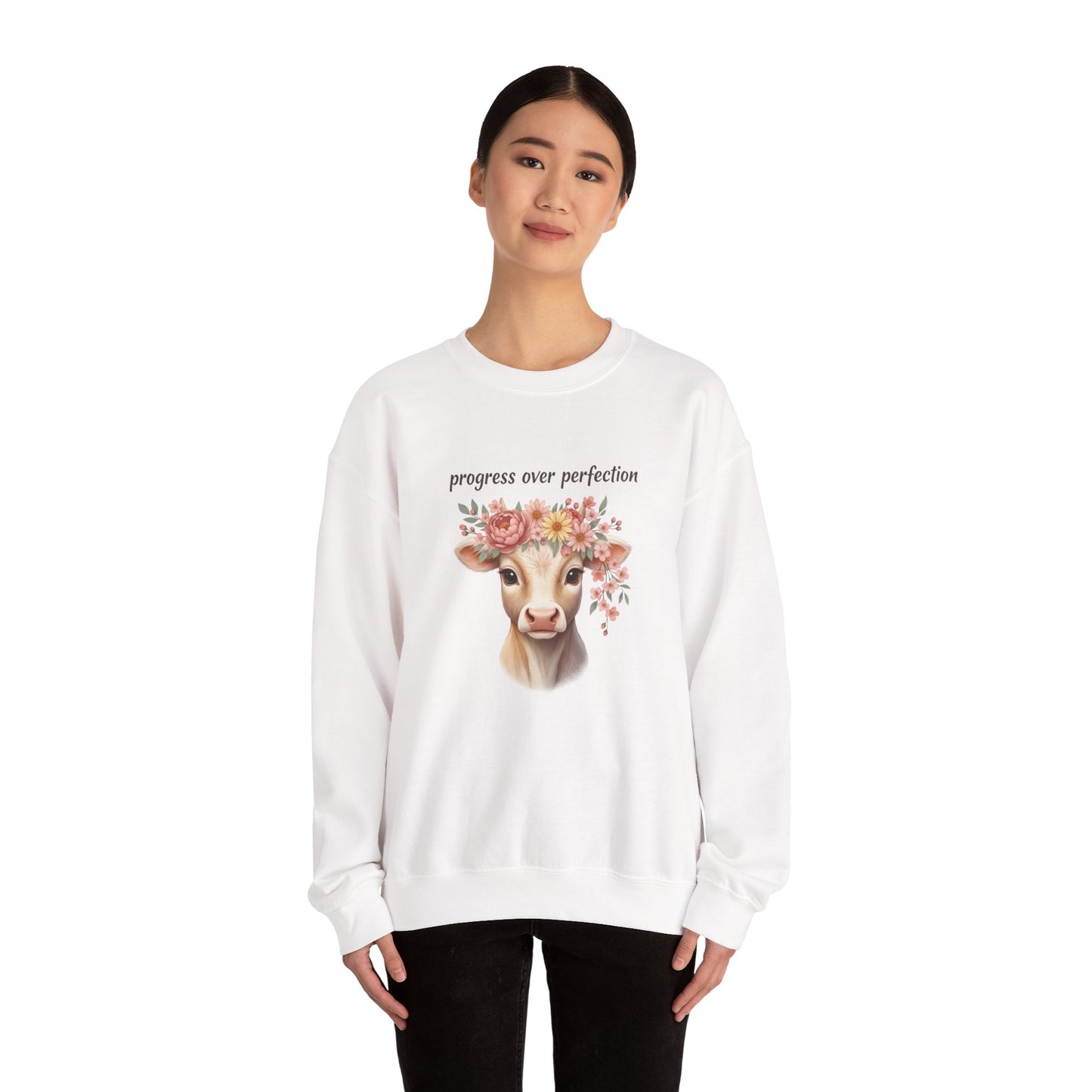 Cow Floral Crewneck Sweatshirt — "Progress Over Perfection" Inspirational Pullover