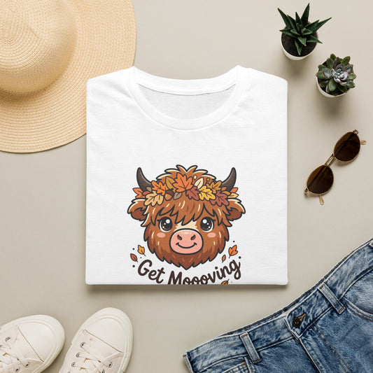 Get Moooving Highland Cow T-Shirt — Cute Autumn Floral Cow Graphic Tee
