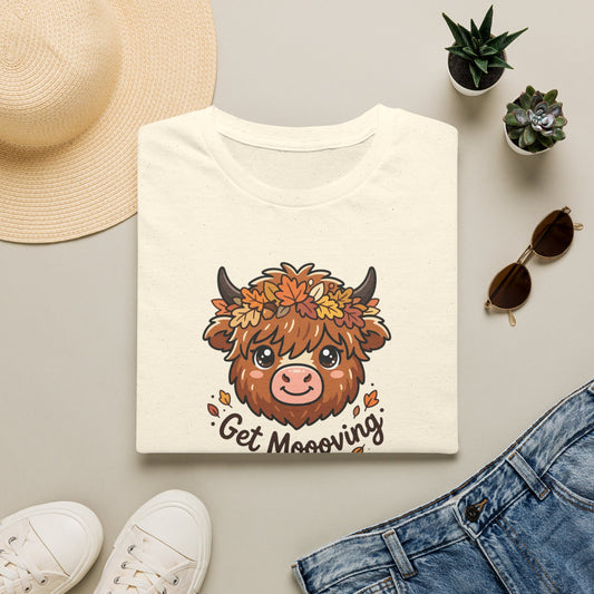 Get Moooving Highland Cow T-Shirt — Cute Autumn Floral Cow Graphic Tee