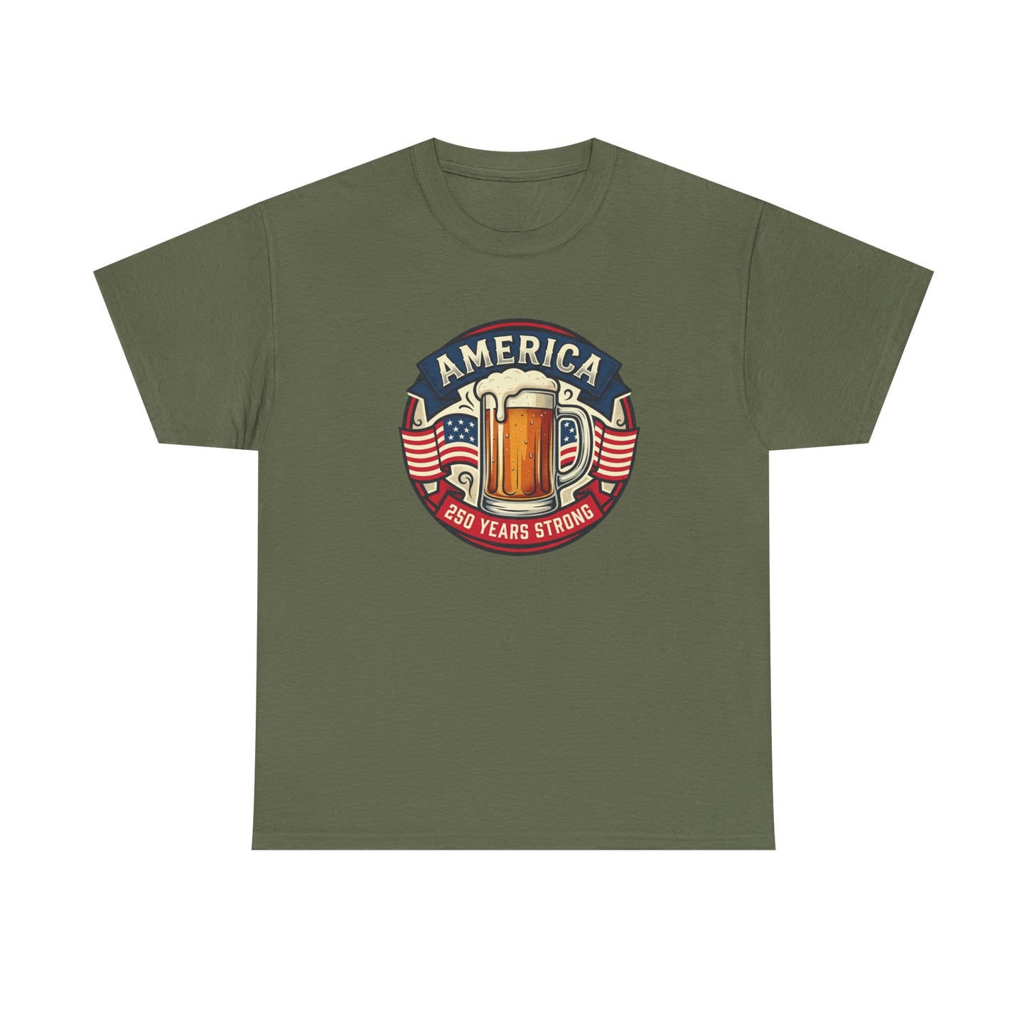 America 250 Years Strong T-Shirt — Patriotic Beer Emblem Tee