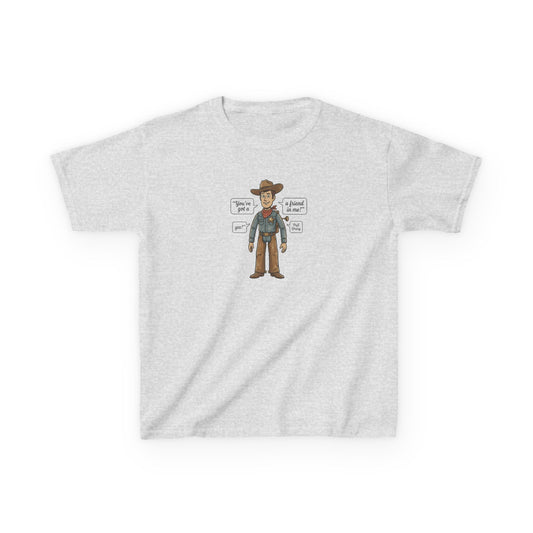 Kids Tee — Cute Cartoon Cowboy Diagram (“Hat”, “Boots”, “Gun”)