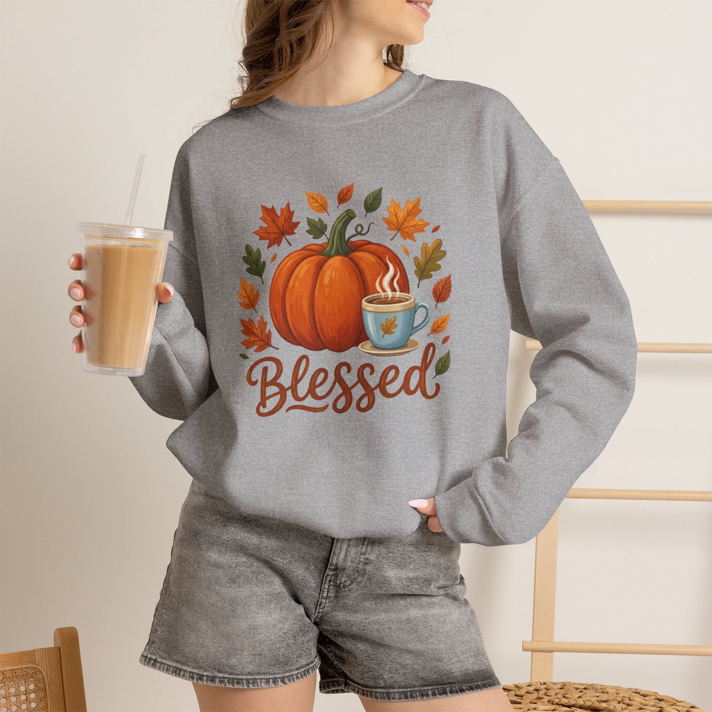 Blessed Pumpkin Fall Sweatshirt — Cozy Autumn Leaves & Coffee Crewneck