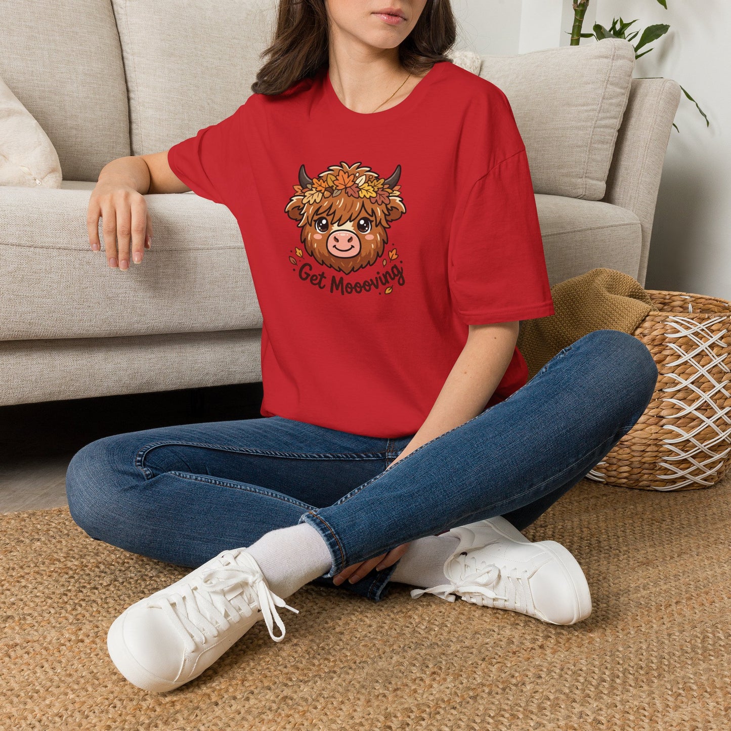 Get Moooving Highland Cow T-Shirt — Cute Autumn Floral Cow Graphic Tee