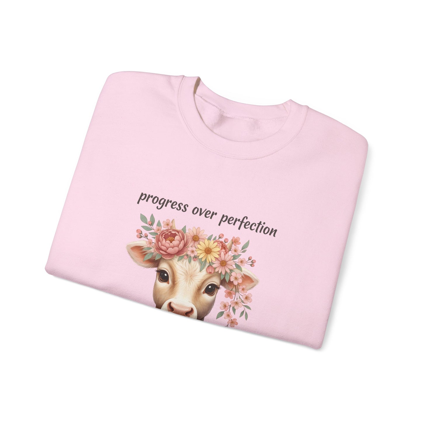 Cow Floral Crewneck Sweatshirt — "Progress Over Perfection" Inspirational Pullover