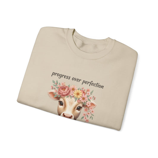 Cow Floral Crewneck Sweatshirt — "Progress Over Perfection" Inspirational Pullover