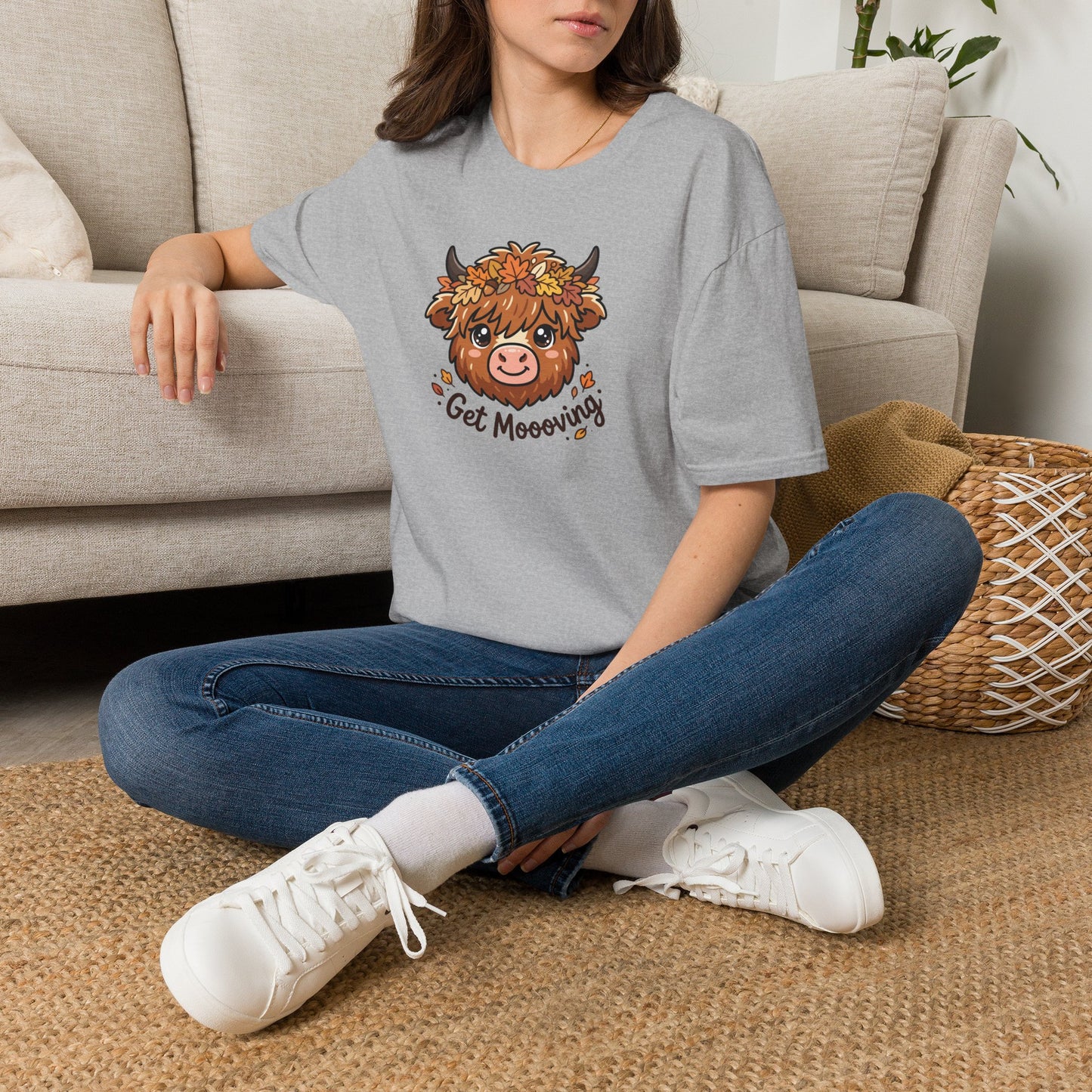 Get Moooving Highland Cow T-Shirt — Cute Autumn Floral Cow Graphic Tee