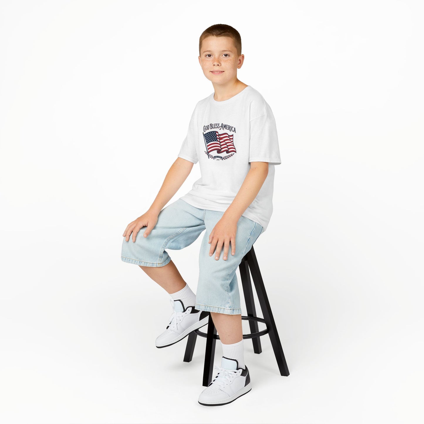 Kids T-Shirt — "God Bless America" American Flag Patriotic Tee for Kids