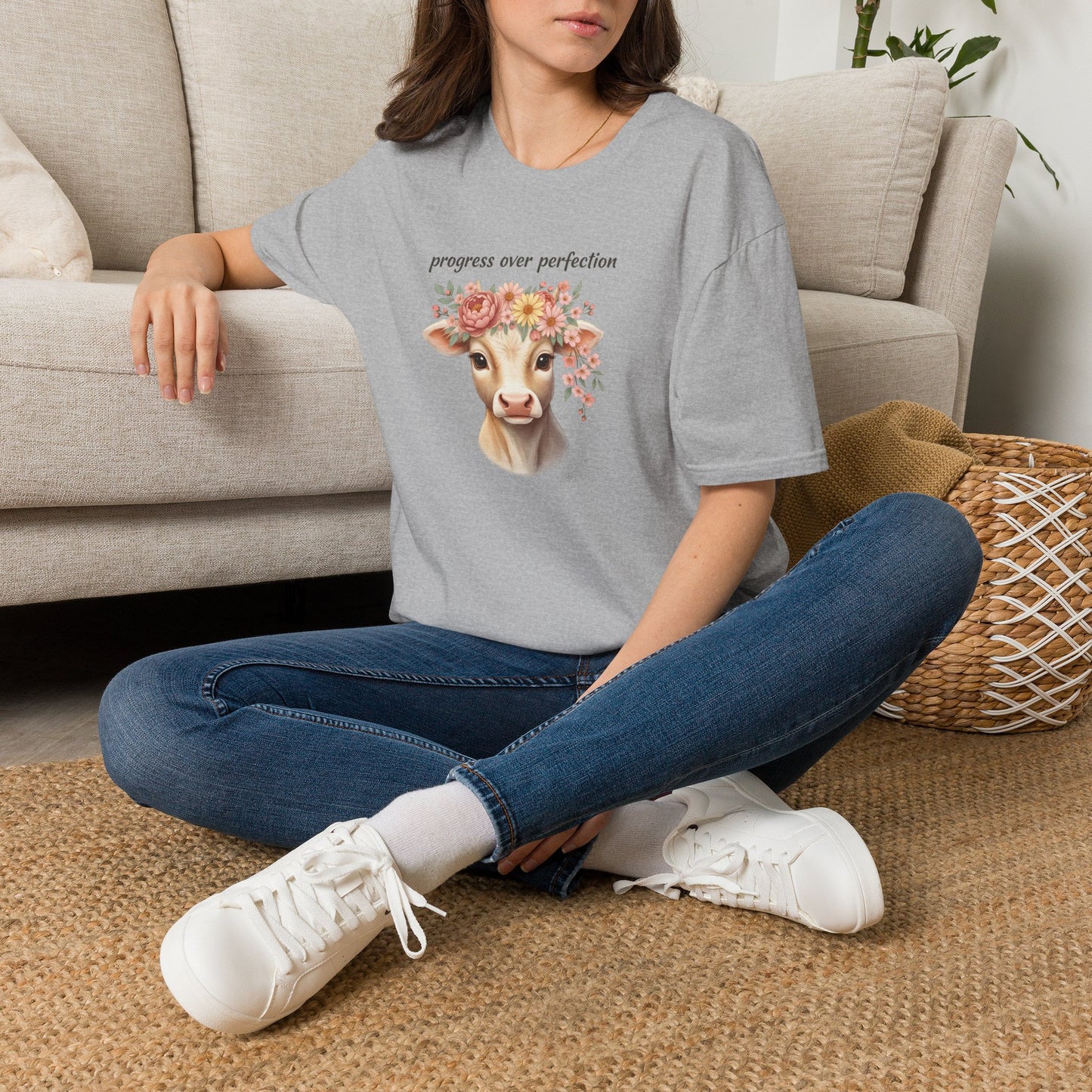 Progress Over Perfection Floral Cow Shirt