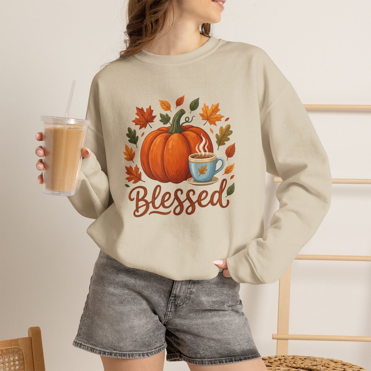 Blessed Pumpkin Fall Sweatshirt — Cozy Autumn Leaves & Coffee Crewneck