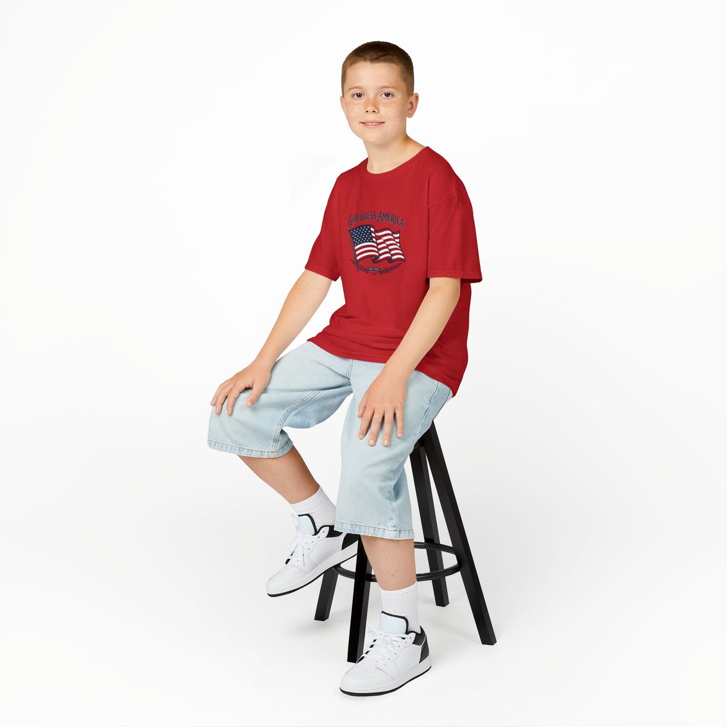 Kids T-Shirt — "God Bless America" American Flag Patriotic Tee for Kids