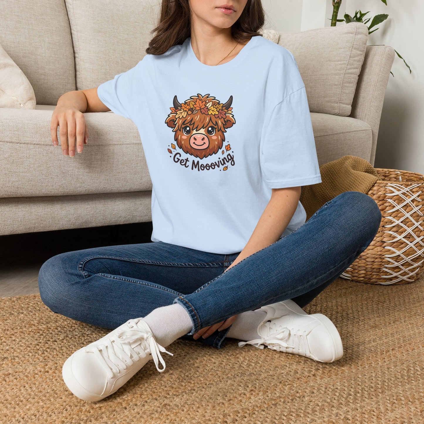 Get Moooving Highland Cow T-Shirt — Cute Autumn Floral Cow Graphic Tee