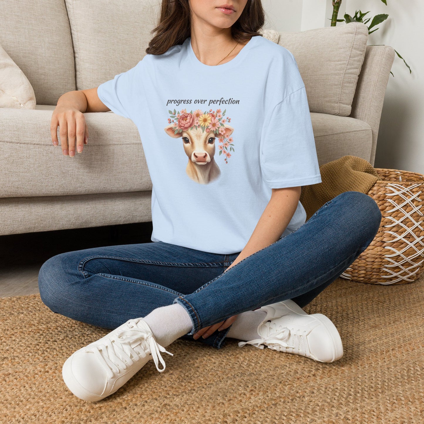 Progress Over Perfection Floral Cow Shirt