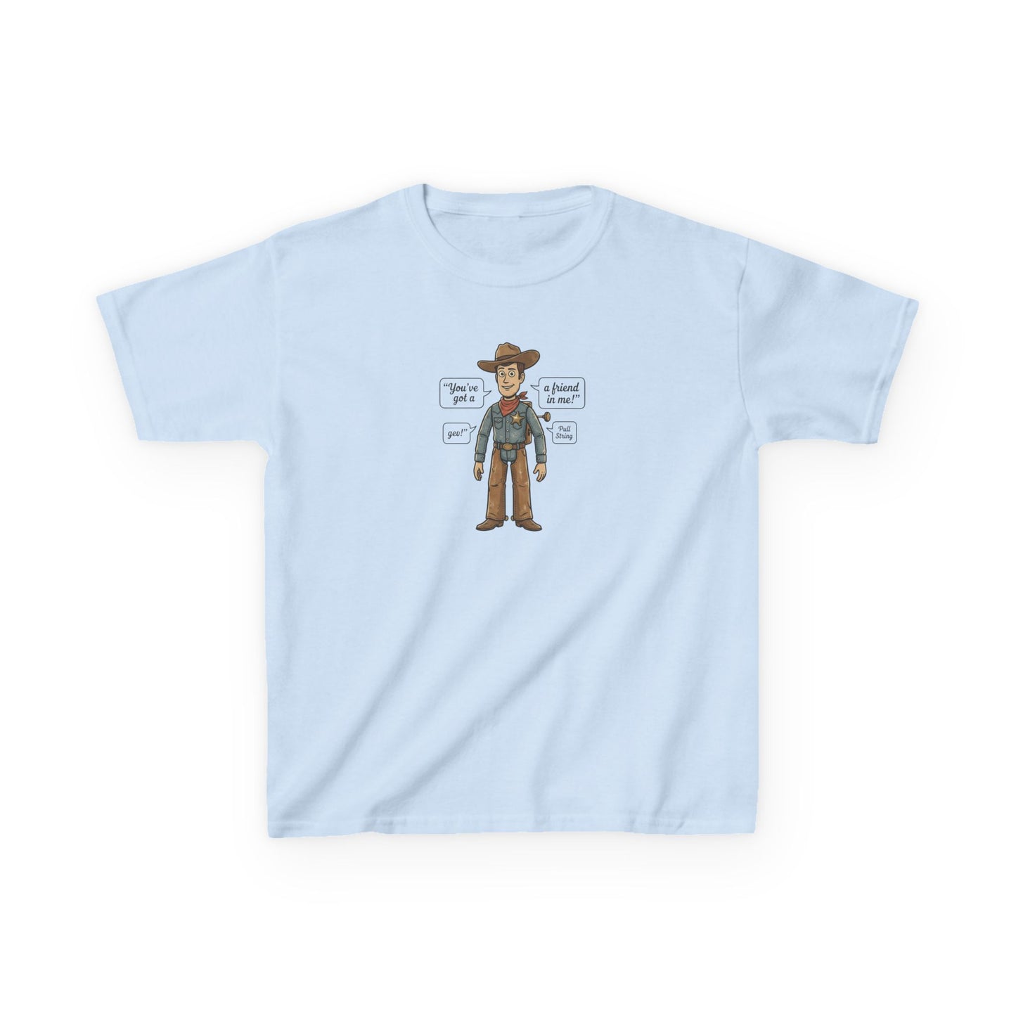 Kids Tee — Cute Cartoon Cowboy Diagram (“Hat”, “Boots”, “Gun”)