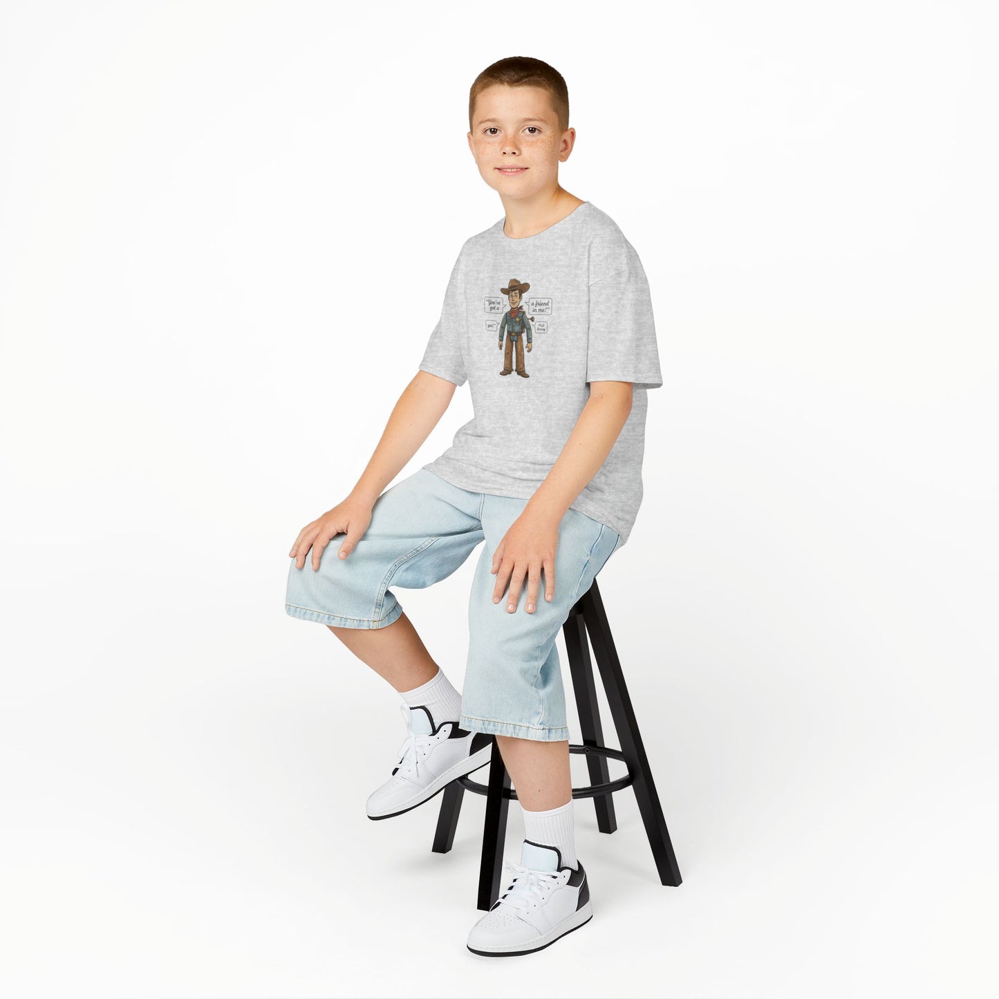 Kids Tee — Cute Cartoon Cowboy Diagram (“Hat”, “Boots”, “Gun”)