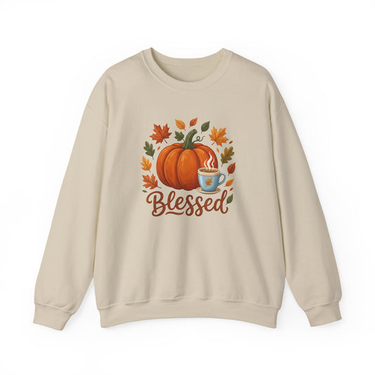 Blessed Pumpkin Fall Sweatshirt — Cozy Autumn Leaves & Coffee Crewneck