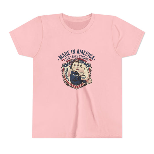 Made in America Youth Tee – "100 Years Strong" Patriotic Rosie Girl Shirt