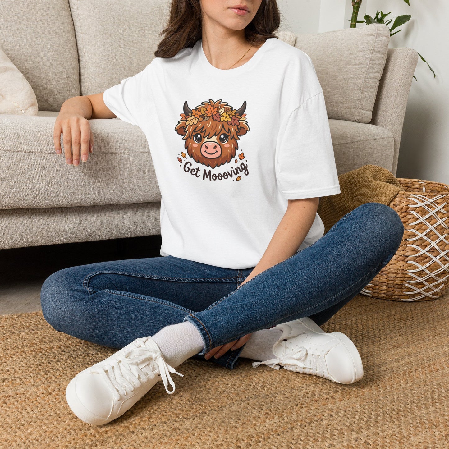 Get Moooving Highland Cow T-Shirt — Cute Autumn Floral Cow Graphic Tee