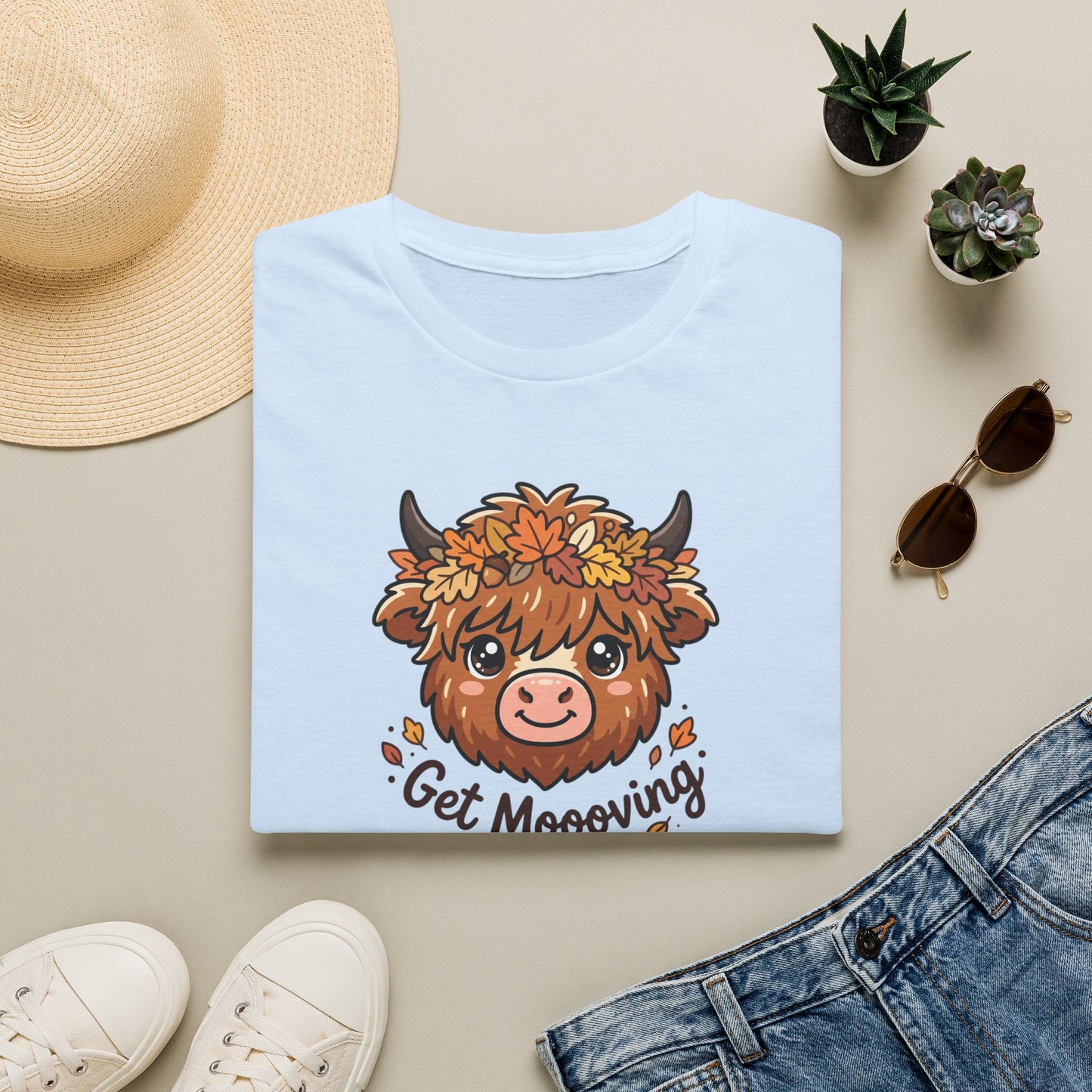 Get Moooving Highland Cow T-Shirt — Cute Autumn Floral Cow Graphic Tee